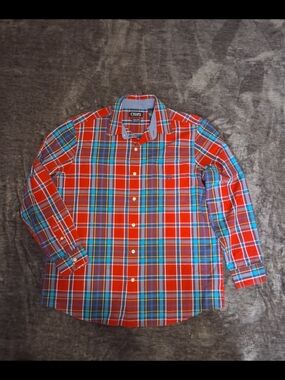 Chaps Red Blue Plaid Button-Up Longsleeve Collared Shirt Mens Classic Fit Size L
